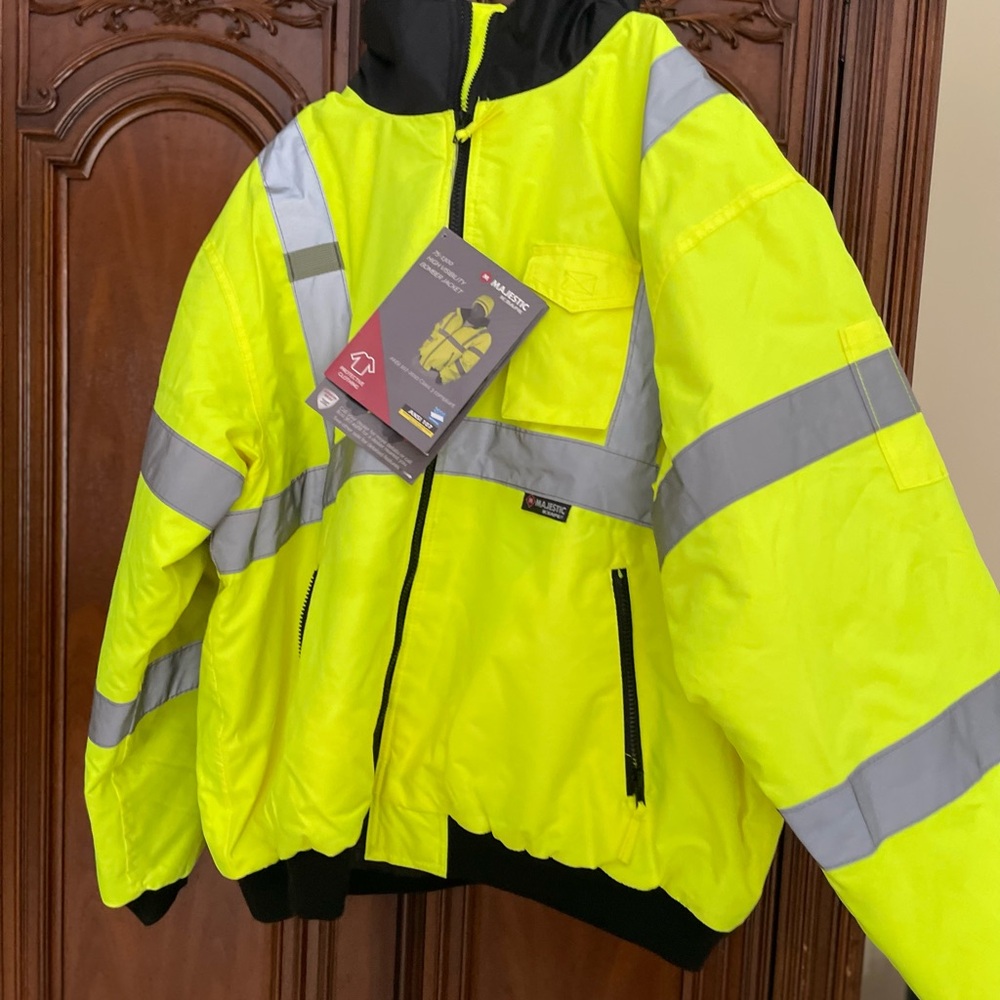 Majestic Mens Neon Yellow Safety Jacket with Reflective Stripes